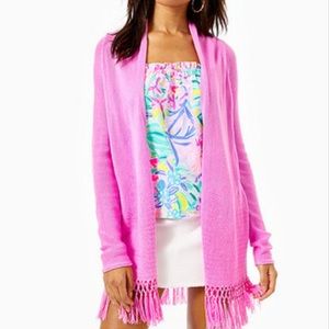 Lilly Pulitzer Cardigan Tatum Long Fringe Hem Everglades Pink XXL